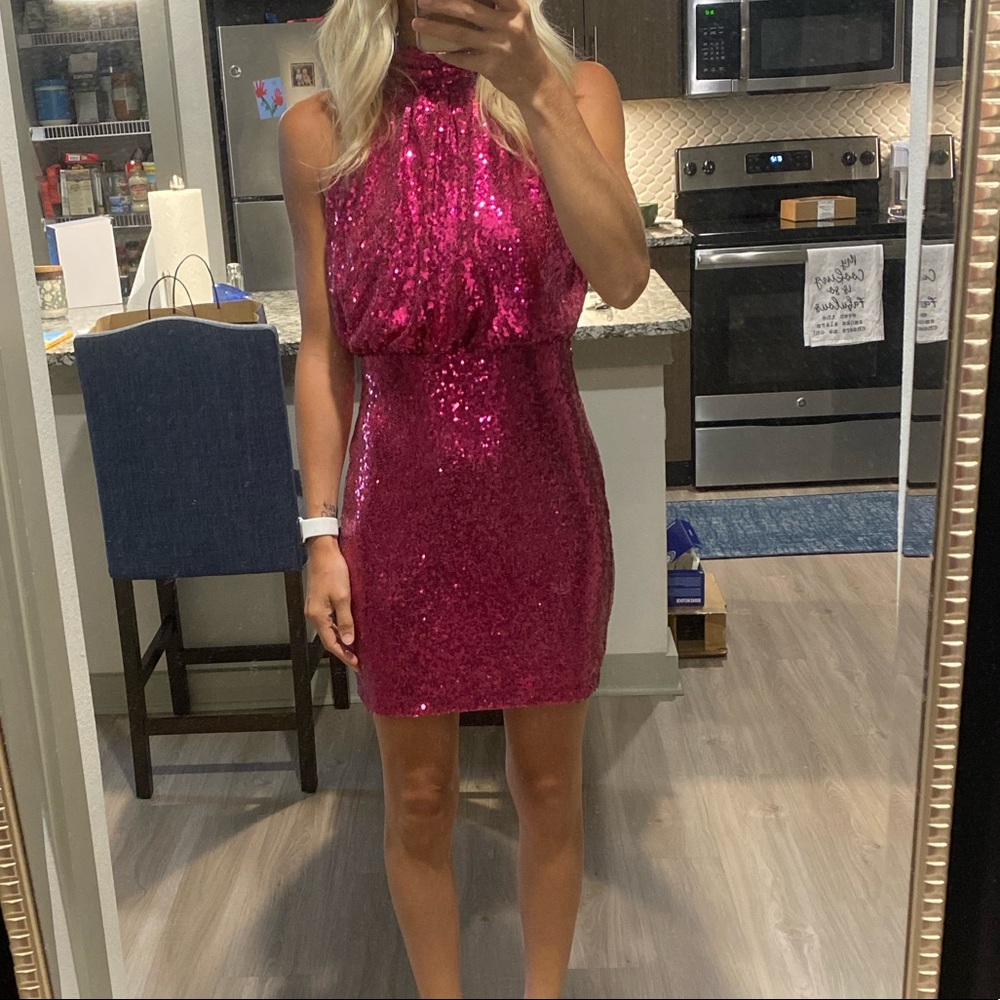 Divine Night Magenta Sequin Halter Bodycon Mini Dress